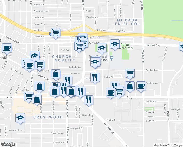 map of restaurants, bars, coffee shops, grocery stores, and more near 2528 Sunrise Avenue in Las Vegas