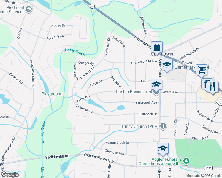 map of restaurants, bars, coffee shops, grocery stores, and more near 4017 Avera Avenue in Winston-Salem