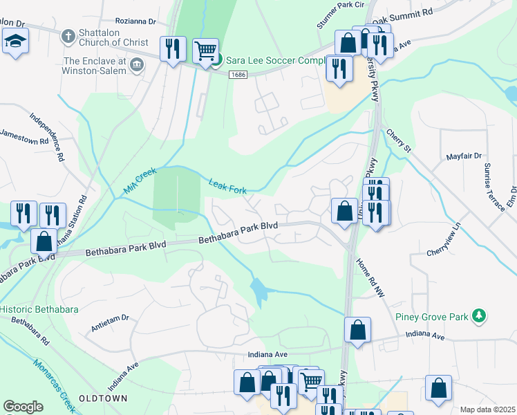 map of restaurants, bars, coffee shops, grocery stores, and more near 6001 Old Plank Road in Winston-Salem