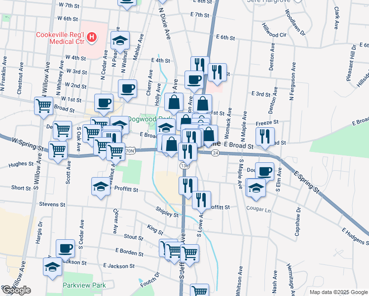 map of restaurants, bars, coffee shops, grocery stores, and more near 7 South Jefferson Avenue in Cookeville