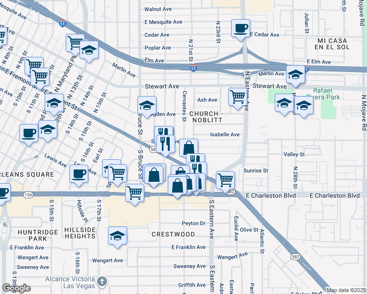 map of restaurants, bars, coffee shops, grocery stores, and more near 2001 East Fremont Street in Las Vegas