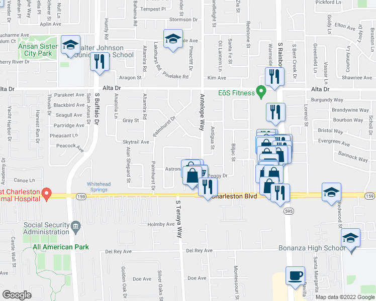 map of restaurants, bars, coffee shops, grocery stores, and more near 7020 Edwin Aldrin Circle in Las Vegas