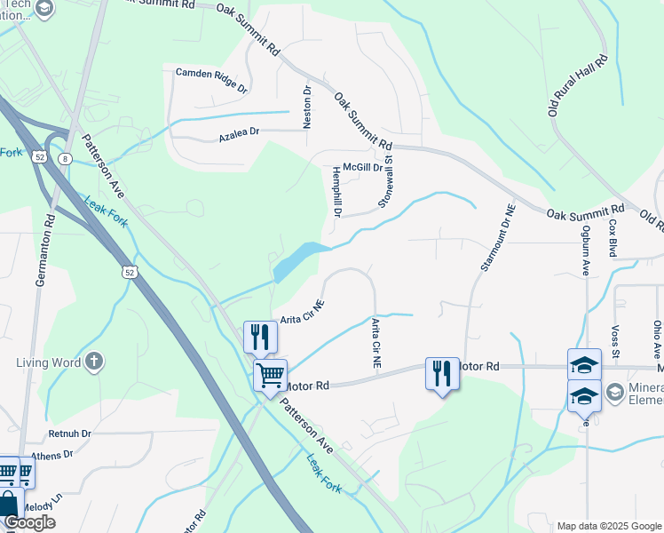 map of restaurants, bars, coffee shops, grocery stores, and more near 34 Arita Circle Northeast in Winston-Salem