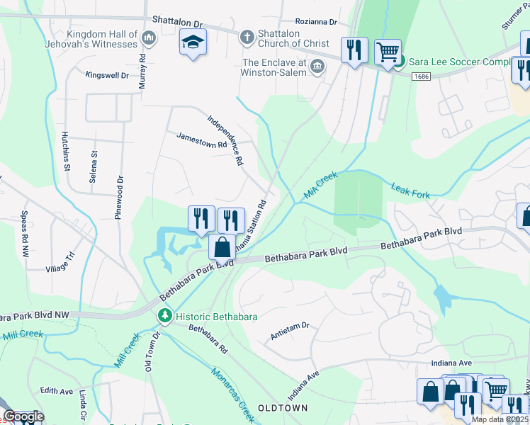 map of restaurants, bars, coffee shops, grocery stores, and more near 3907 Bethania Station Road in Winston-Salem