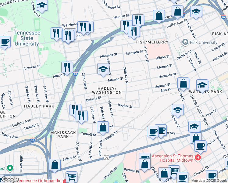 map of restaurants, bars, coffee shops, grocery stores, and more near 2429B Herman Street in Nashville