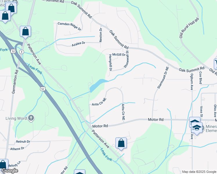 map of restaurants, bars, coffee shops, grocery stores, and more near 34 Arita Circle Northeast in Winston-Salem
