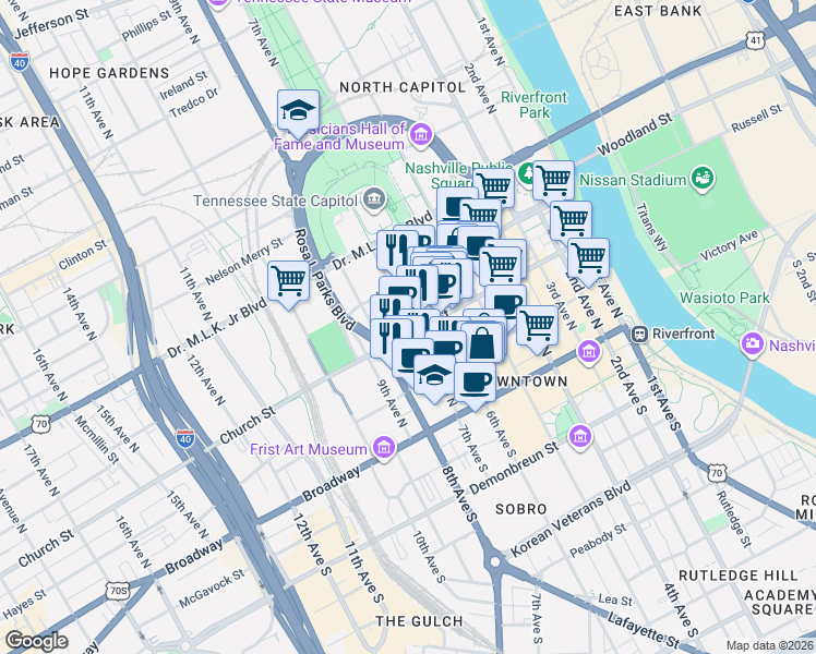map of restaurants, bars, coffee shops, grocery stores, and more near 700 Church Street in Nashville