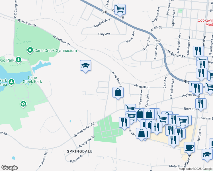 map of restaurants, bars, coffee shops, grocery stores, and more near 201 Eagles Landing Drive in Cookeville