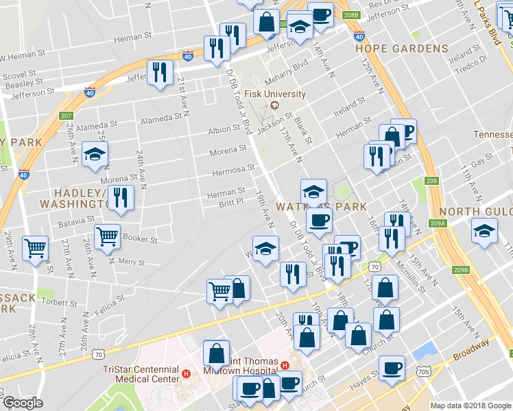 map of restaurants, bars, coffee shops, grocery stores, and more near 801 19th Avenue North in Nashville