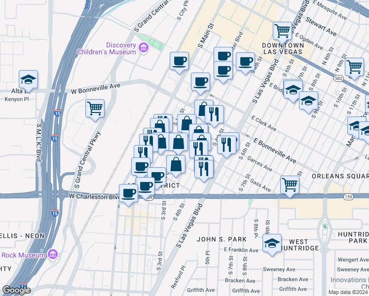 map of restaurants, bars, coffee shops, grocery stores, and more near 801 South Casino Center Boulevard in Las Vegas