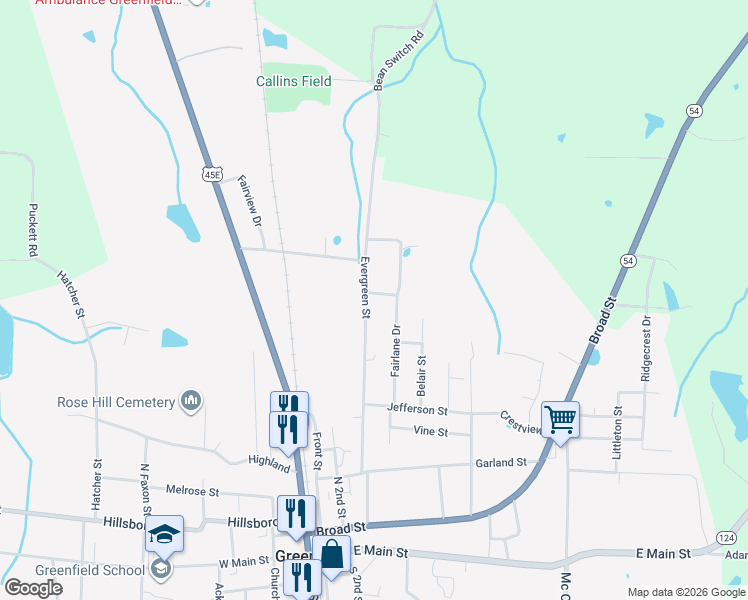 map of restaurants, bars, coffee shops, grocery stores, and more near 424 Evergreen Street in Greenfield