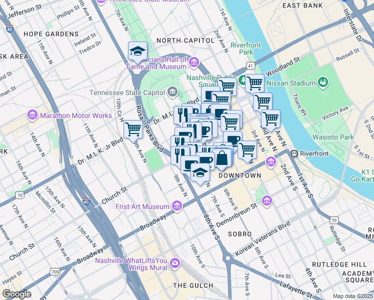 map of restaurants, bars, coffee shops, grocery stores, and more near 700 Church Street in Nashville