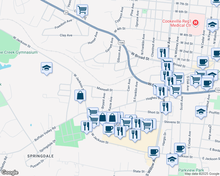 map of restaurants, bars, coffee shops, grocery stores, and more near 581 Maxwell Street in Cookeville