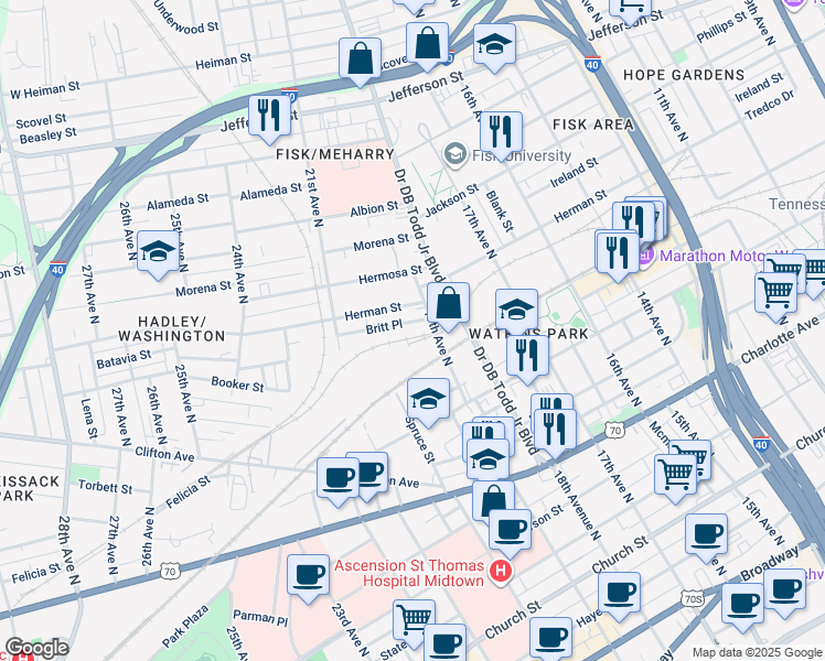 map of restaurants, bars, coffee shops, grocery stores, and more near 801 19th Avenue North in Nashville