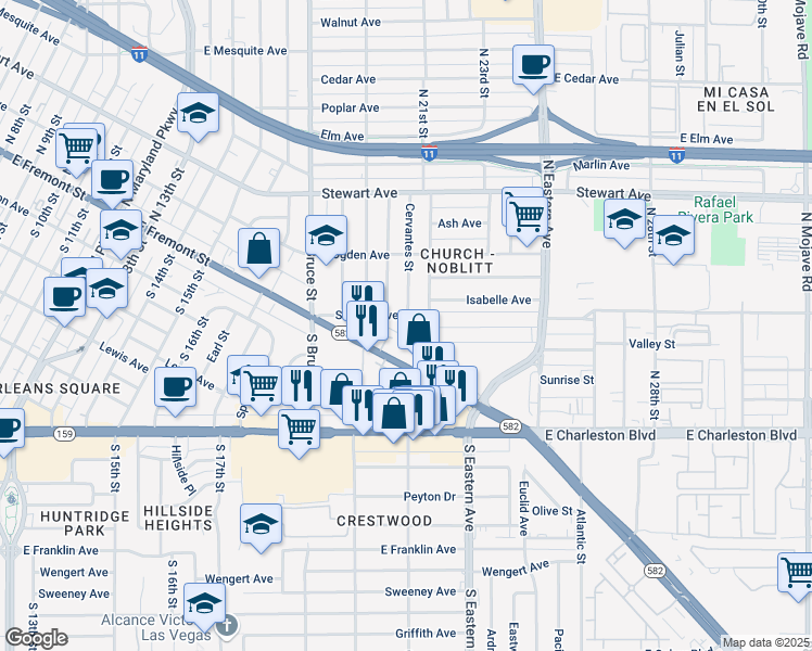 map of restaurants, bars, coffee shops, grocery stores, and more near 2001 East Fremont Street in Las Vegas