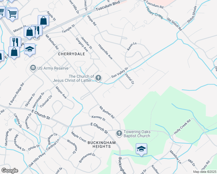 map of restaurants, bars, coffee shops, grocery stores, and more near 104 Emerald Drive in Greeneville