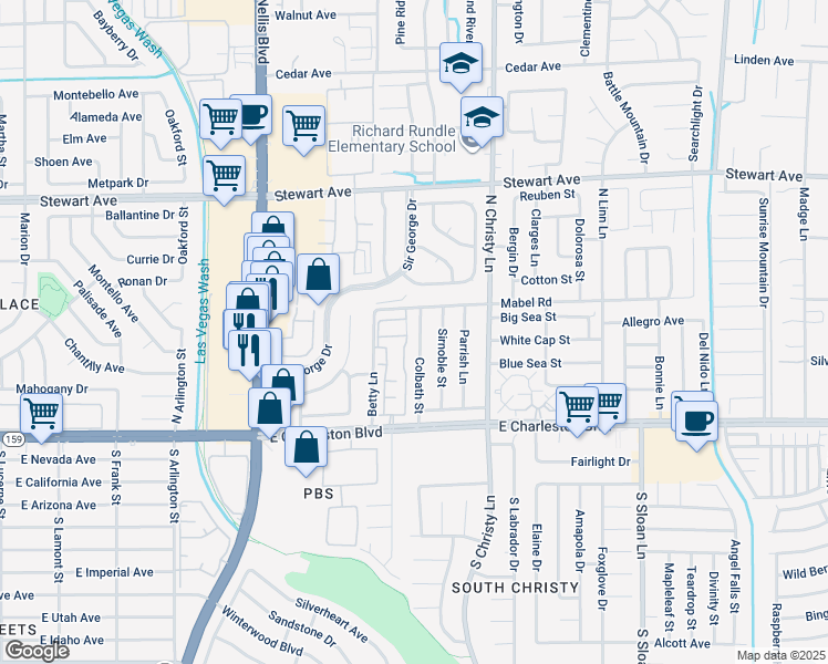 map of restaurants, bars, coffee shops, grocery stores, and more near 121 Colbath Street in Las Vegas
