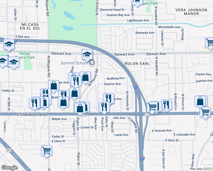map of restaurants, bars, coffee shops, grocery stores, and more near 3600 Sunrise Avenue in Las Vegas