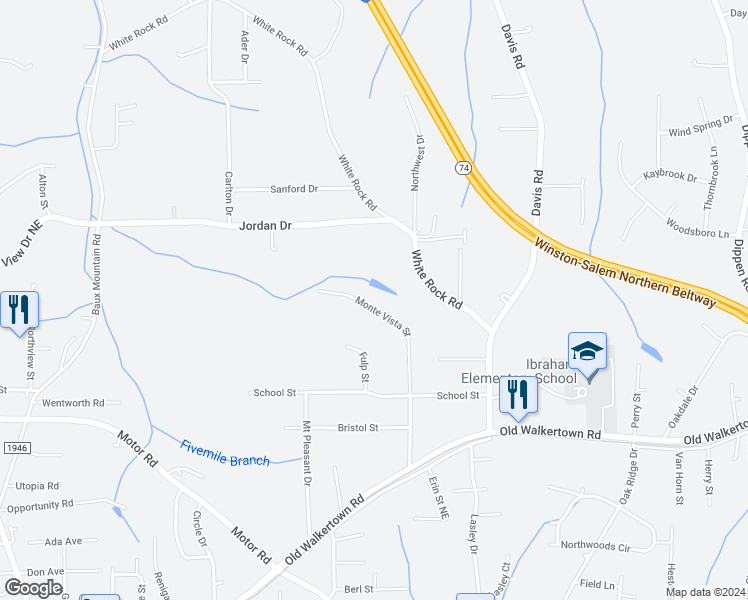 map of restaurants, bars, coffee shops, grocery stores, and more near 4989 Monte Vista Street in Winston-Salem