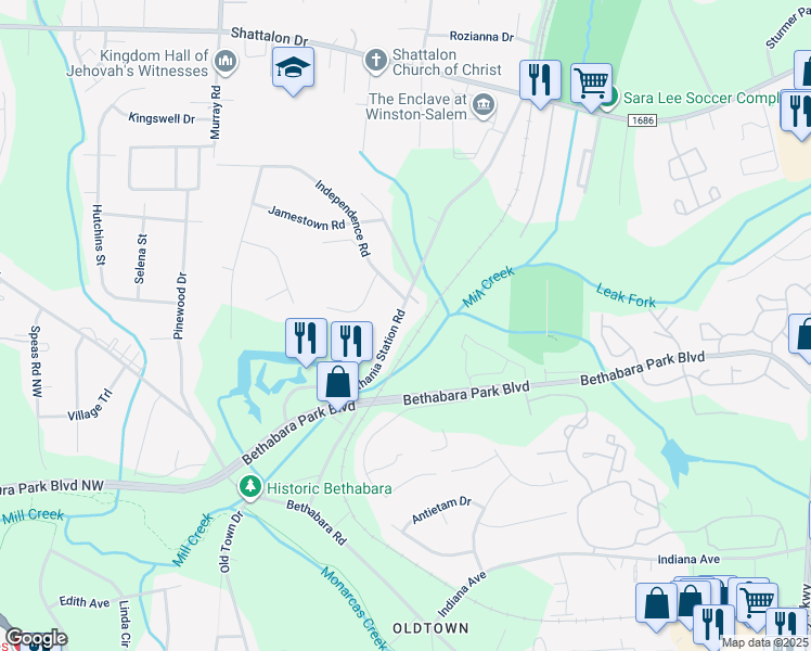 map of restaurants, bars, coffee shops, grocery stores, and more near 3907 Bethania Station Road in Winston-Salem