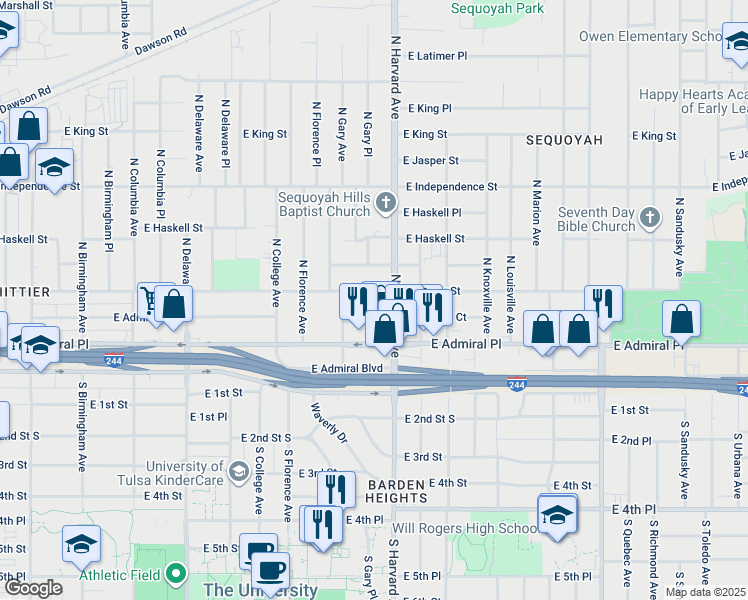 map of restaurants, bars, coffee shops, grocery stores, and more near 3229 East Admiral Court in Tulsa