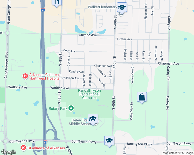 map of restaurants, bars, coffee shops, grocery stores, and more near 4108 Brant Drive in Springdale