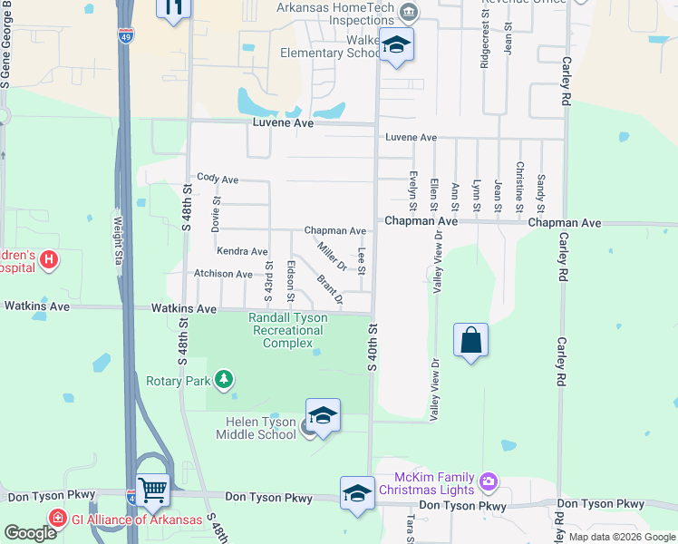map of restaurants, bars, coffee shops, grocery stores, and more near 4005 Miller Drive in Springdale