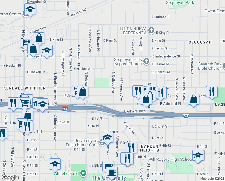 map of restaurants, bars, coffee shops, grocery stores, and more near 64 North College Avenue in Tulsa
