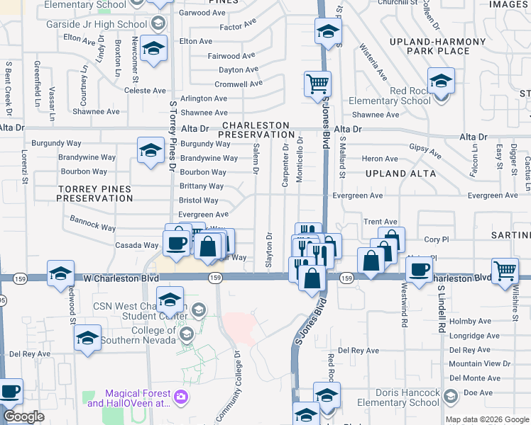 map of restaurants, bars, coffee shops, grocery stores, and more near 800 Slayton Drive in Las Vegas