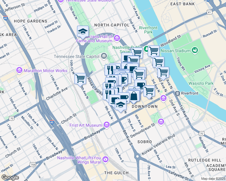 map of restaurants, bars, coffee shops, grocery stores, and more near 701 Church Street in Nashville