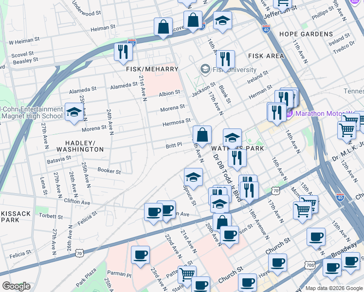 map of restaurants, bars, coffee shops, grocery stores, and more near 801 19th Avenue North in Nashville