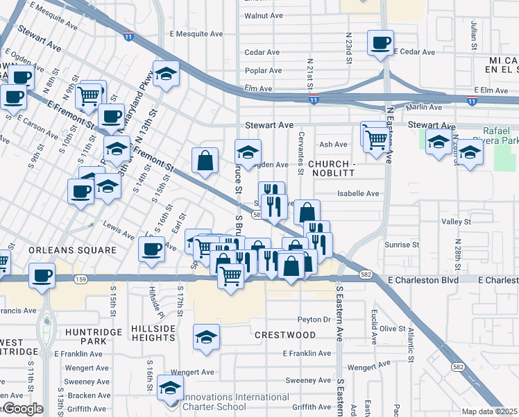 map of restaurants, bars, coffee shops, grocery stores, and more near 1919 Nevada 582 in Las Vegas