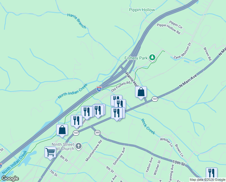 map of restaurants, bars, coffee shops, grocery stores, and more near 236 Old Fishery Road in Erwin