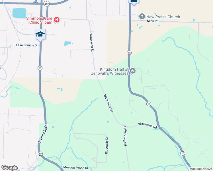 map of restaurants, bars, coffee shops, grocery stores, and more near 2797 Waukesha Road in Siloam Springs
