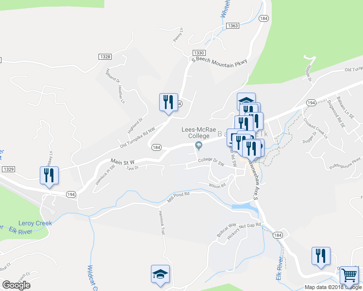 map of restaurants, bars, coffee shops, grocery stores, and more near Main Street West in Banner Elk