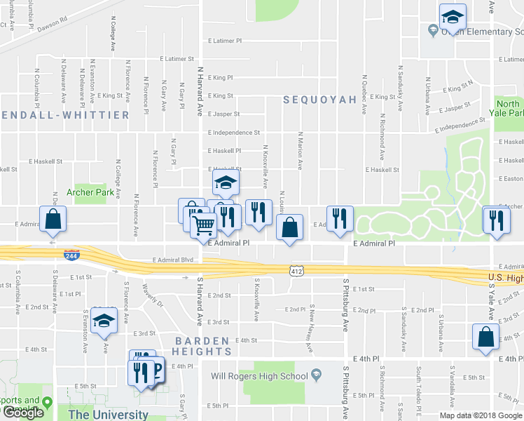 map of restaurants, bars, coffee shops, grocery stores, and more near 3536 East Archer Street in Tulsa