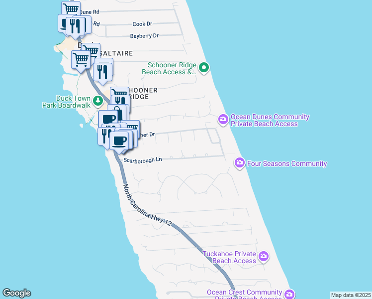 map of restaurants, bars, coffee shops, grocery stores, and more near 142 Scarborough Lane in Kitty Hawk