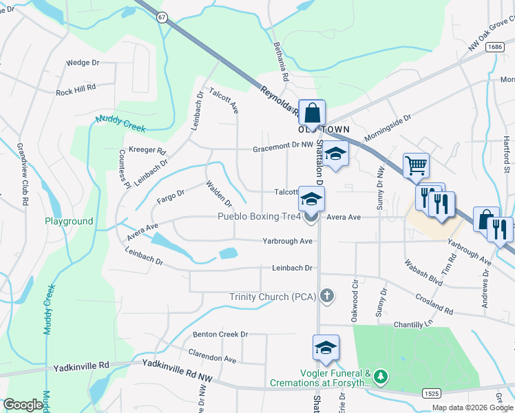 map of restaurants, bars, coffee shops, grocery stores, and more near 3949 Avera Avenue in Winston-Salem