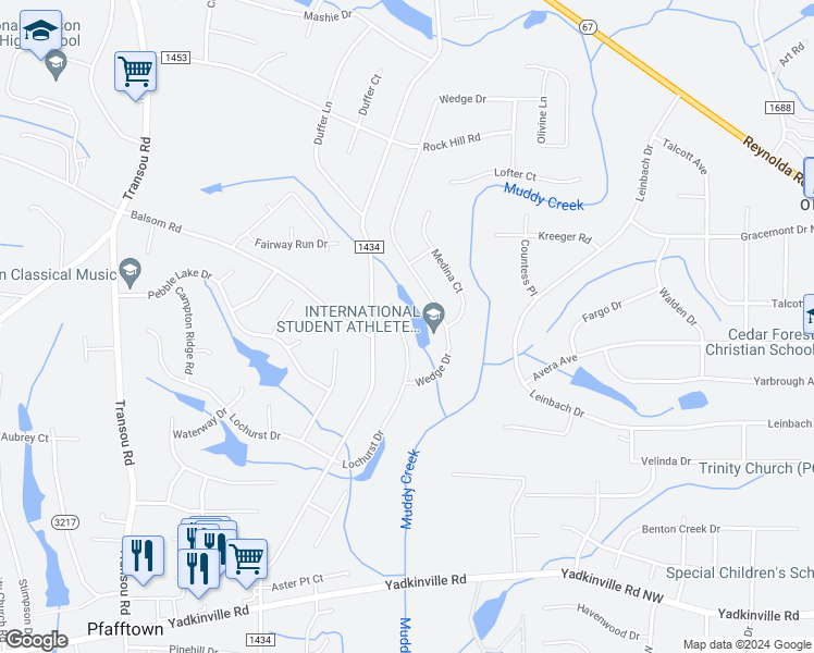 map of restaurants, bars, coffee shops, grocery stores, and more near 4242 Lochurst Drive in Pfafftown