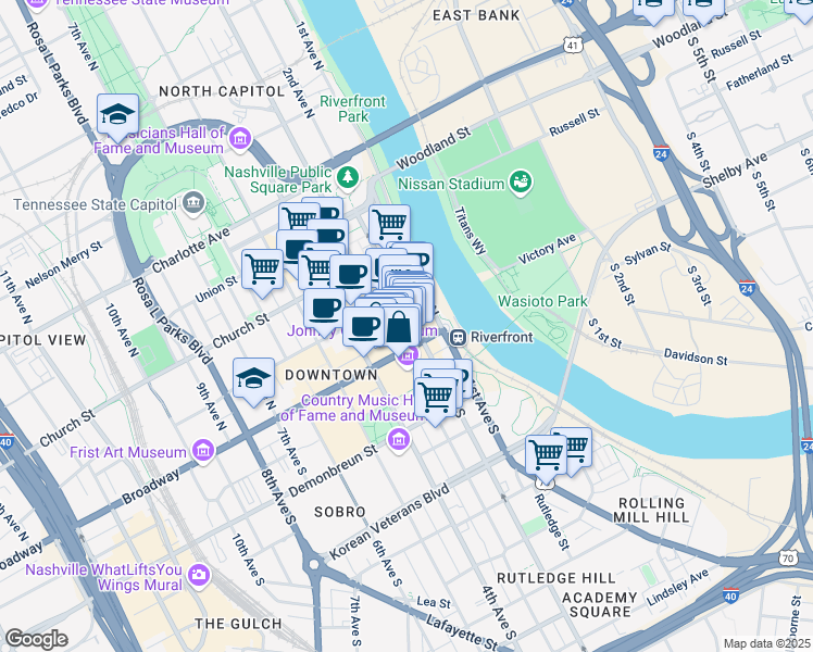 map of restaurants, bars, coffee shops, grocery stores, and more near 300 Broadway in Nashville