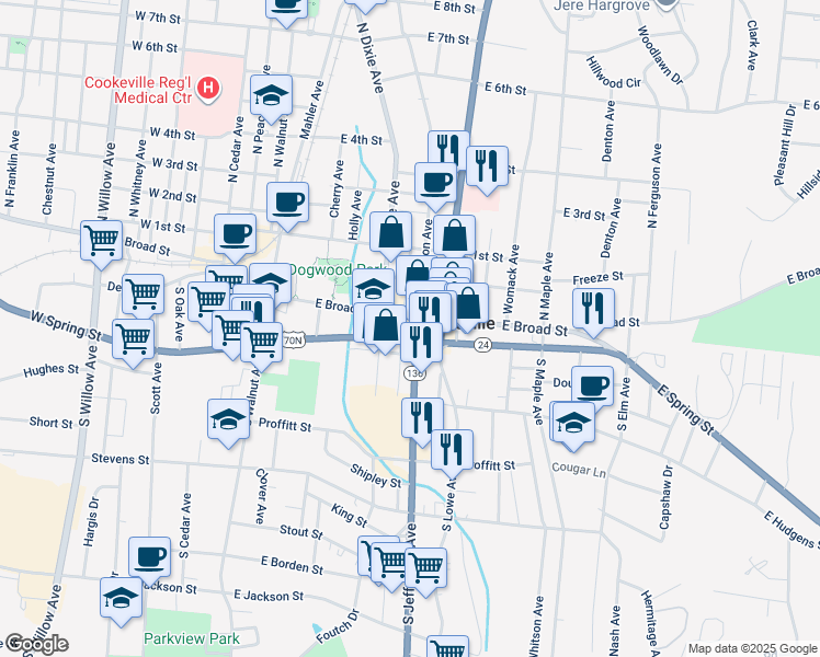map of restaurants, bars, coffee shops, grocery stores, and more near 7 South Jefferson Avenue in Cookeville