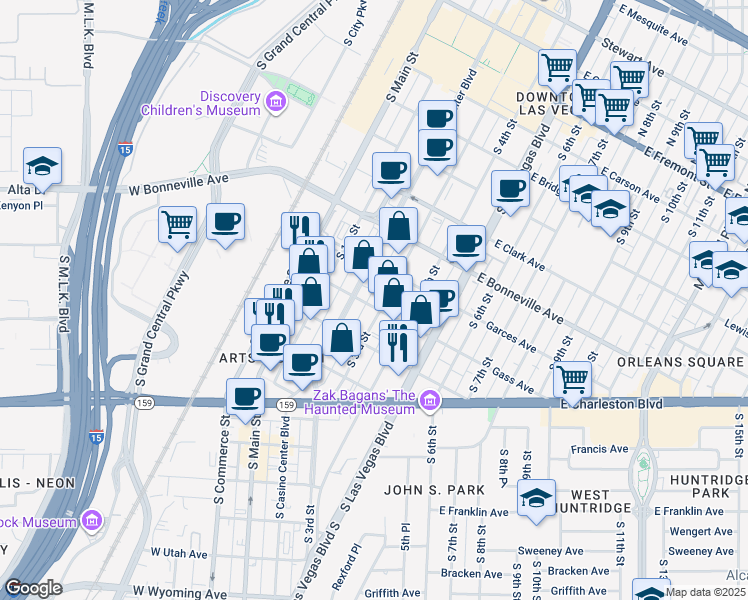 map of restaurants, bars, coffee shops, grocery stores, and more near 805 South Casino Center Boulevard in Las Vegas