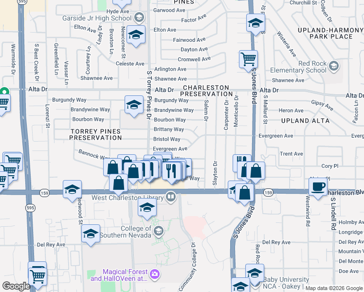 map of restaurants, bars, coffee shops, grocery stores, and more near 6241 Evergreen Avenue in Las Vegas