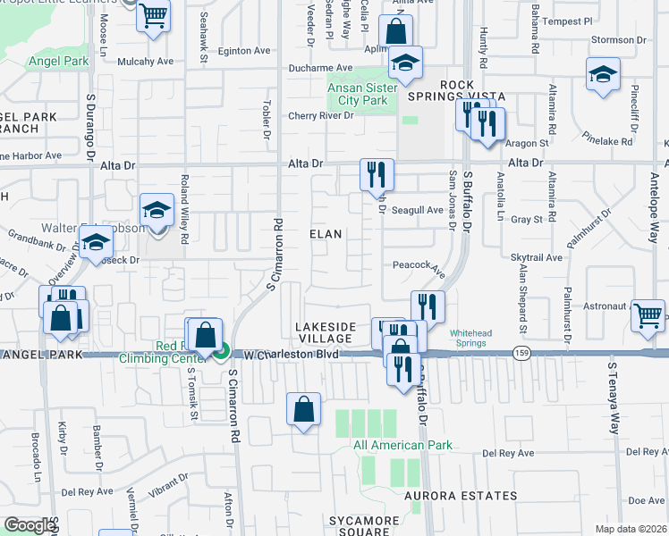 map of restaurants, bars, coffee shops, grocery stores, and more near 745 Wheat Ridge Lane in Las Vegas