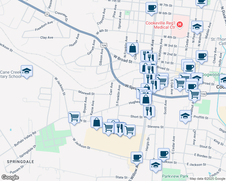 map of restaurants, bars, coffee shops, grocery stores, and more near 158 Carr Avenue in Cookeville