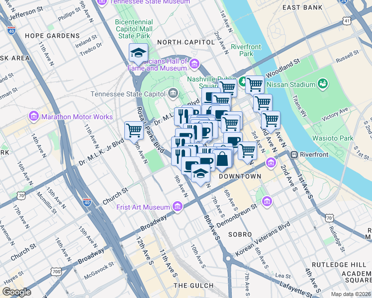 map of restaurants, bars, coffee shops, grocery stores, and more near 700 Church Street in Nashville