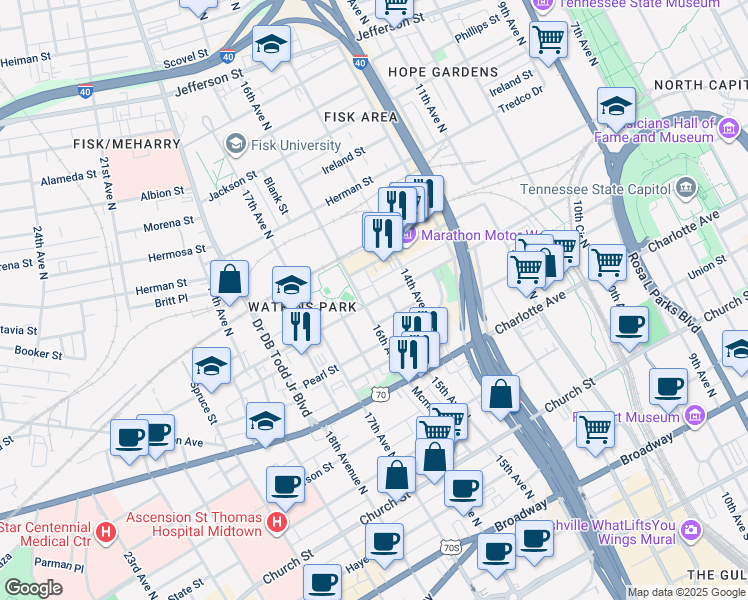 map of restaurants, bars, coffee shops, grocery stores, and more near 1443 Jo Johnston Avenue in Nashville
