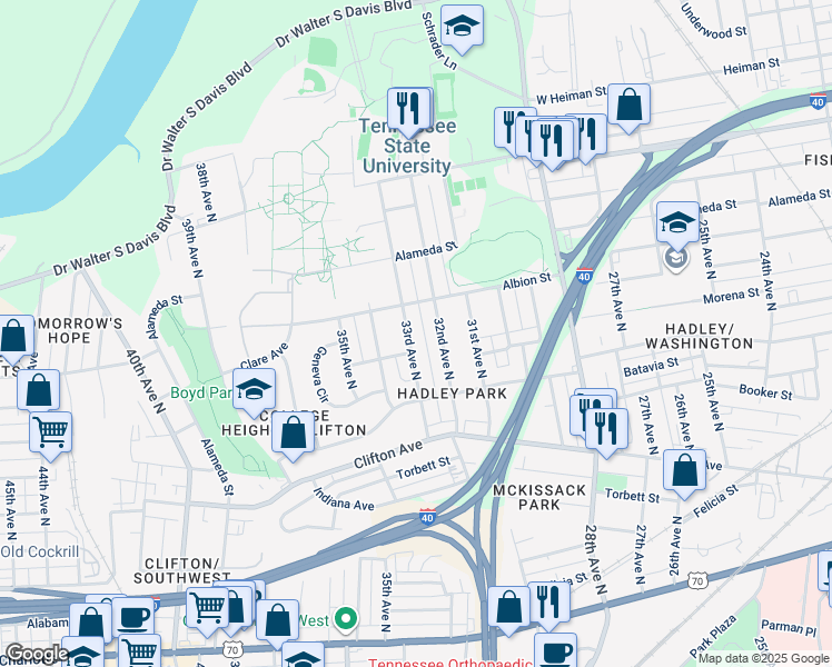 map of restaurants, bars, coffee shops, grocery stores, and more near 927 33rd Avenue North in Nashville