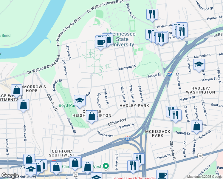map of restaurants, bars, coffee shops, grocery stores, and more near 933 34th Avenue North in Nashville
