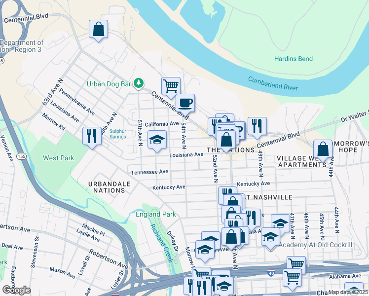 map of restaurants, bars, coffee shops, grocery stores, and more near 5312 Louisiana Avenue in Nashville